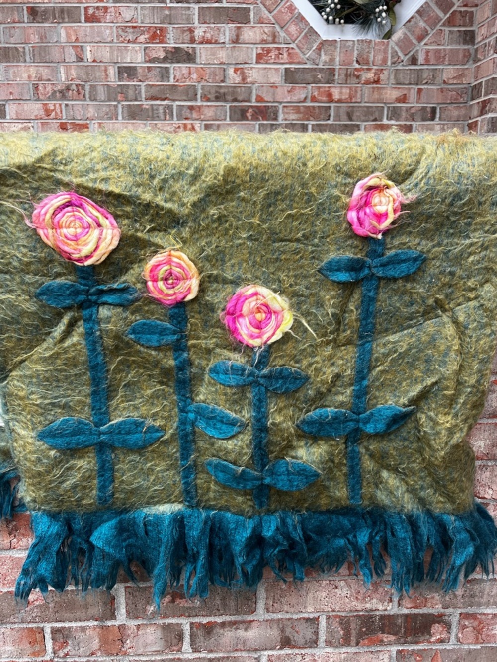 Vintage Handfelted Rose Throw in Olive Green and Teal